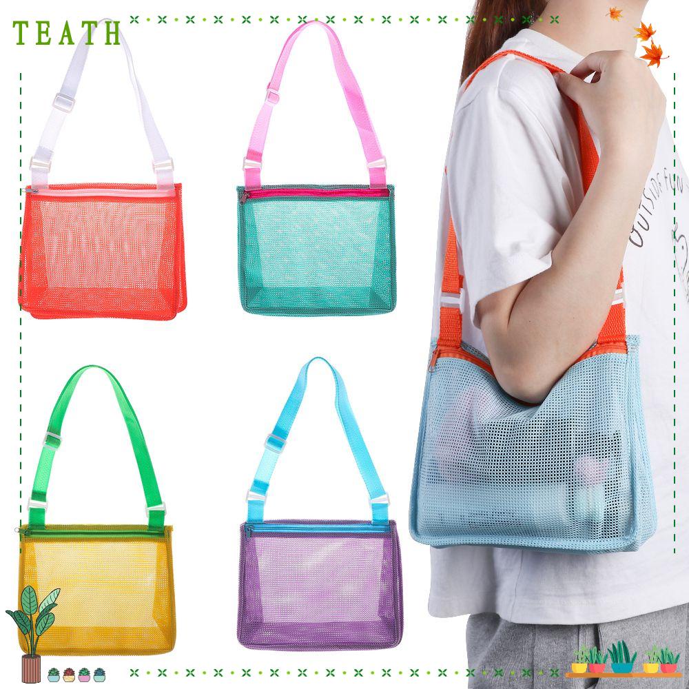 Teath กระเป๋าตาข่าย สีส้ม แบบพับได้ เหมาะกับชายหาด สําหรับผู้หญิง