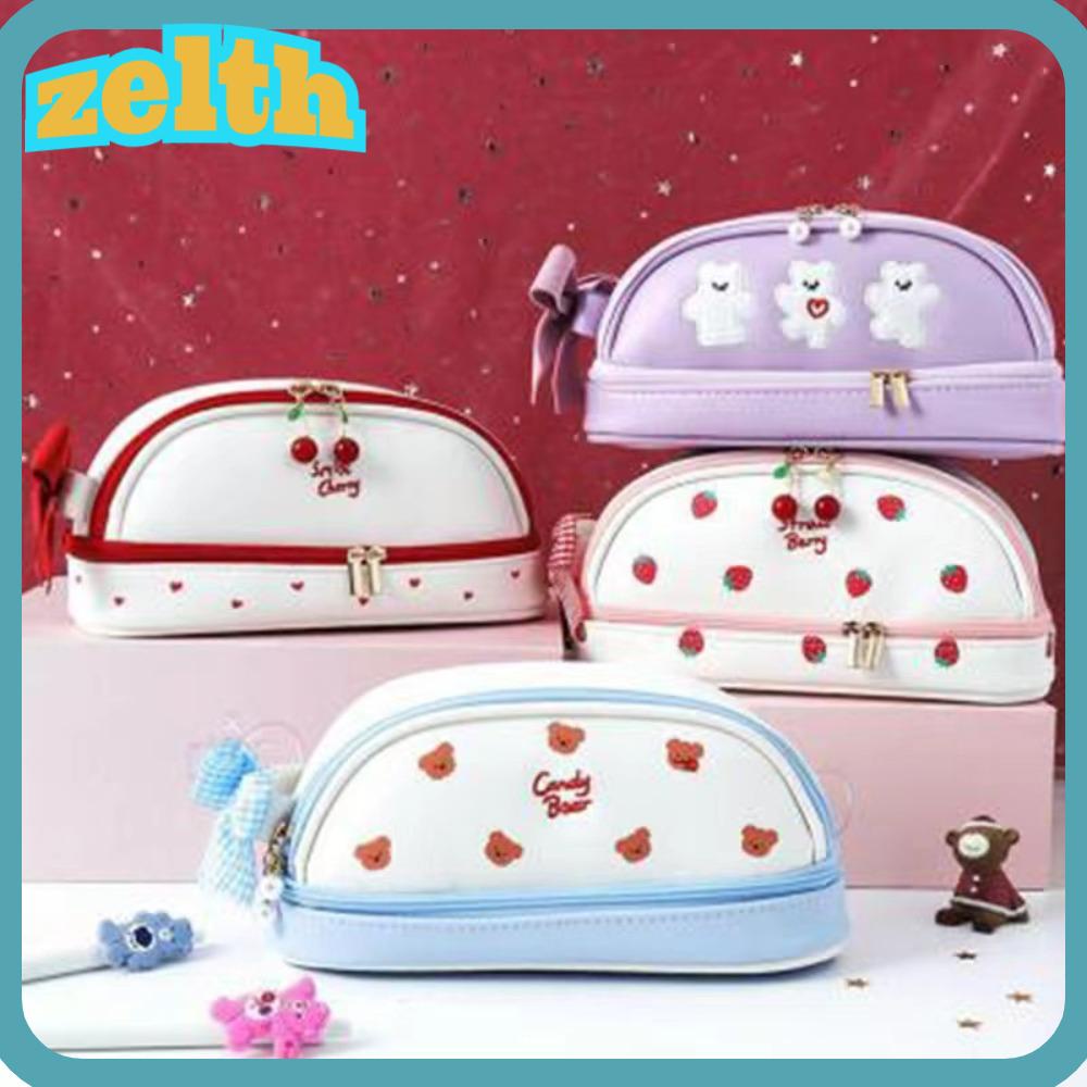 Zelth กระเป๋าดินสอ หนัง PU สองชั้น ลายหมีสตรอเบอร์รี่ เชอร์รี่ หน้ายิ้มน่ารัก แบบพกพา สําหรับนักเรียน