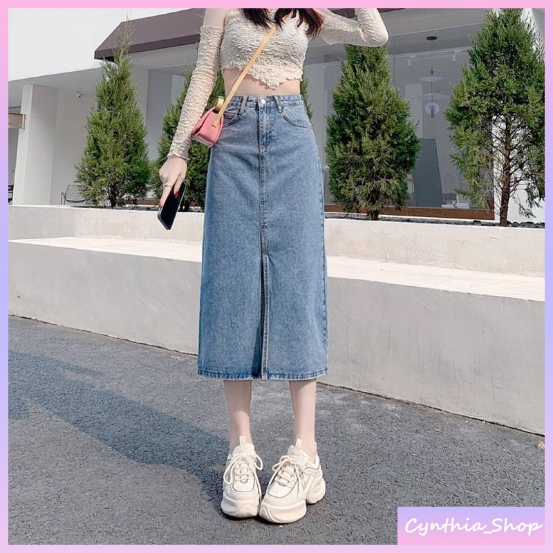 ✨Cynthia✨ กระโปรงยีนส์ยาว เอวสูง ผ่าหน้า งานน่ารัก กระโปรงยีนส์สไตล์เกาหลี #8053