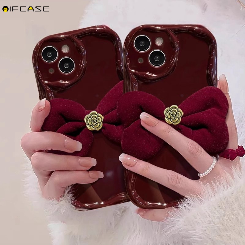 สําหรับoppo Reno 13 11 9 8 7 Pro Plus 8Z Lite SE 7Z 5Gเคสโทรศัพท์สเตอริโอCamelliaดอกไม้กํามะหยี่Bowknot Bow Tieไวน์แดงสวัสดีปีใหม่น่ารักหรูหรานุ่มปลอกกรณีปกหลัง