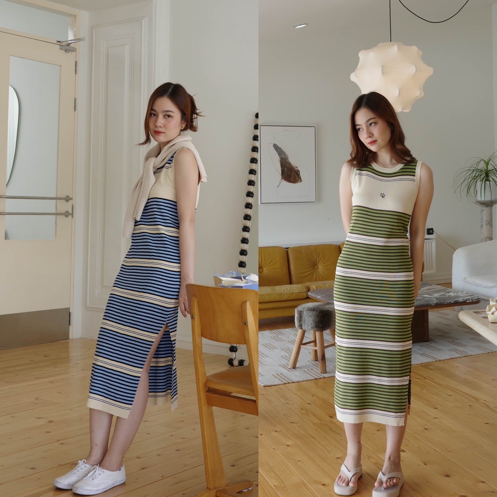 urban apparels | girlfriend dress เดรสยาวผ่าข้างลายทางสลับสี