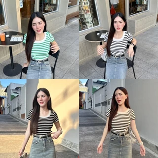 Aurora 🛒พร้อมส่ง🚚 (88618) เสื้อไหมพรมแขนสั้น คอกลม เสื้อยืดไหมพรม ลายทาง ดีเทลลายทางคิ้วๆ เสื้อยืดแขนสั้นผู้หญิง ส่งไว