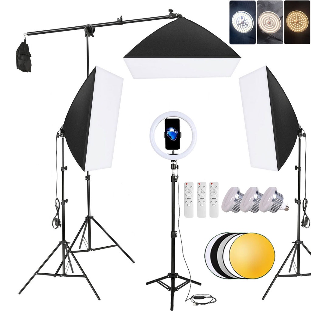 ไฟไลฟ์สด 85W/300W สตูดิโอถ่ายภาพ ไฟต่อเนื่อง ไฟสตูดิโอ ไฟถ่ายรูป Softbox & Reflector Boom Arm Ring L