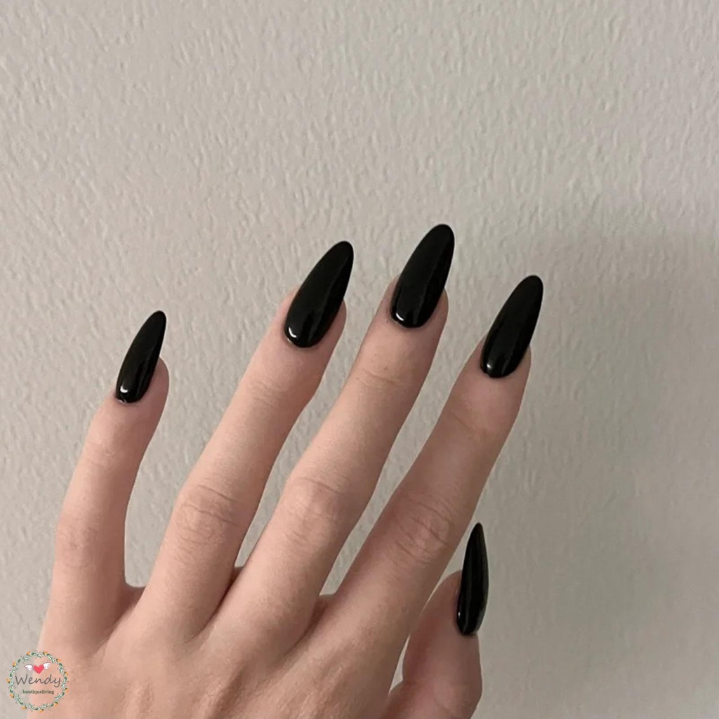 BLNAIL 24 ชิ้น ล็บปลอม เล็บปลอม ความยาวปานกลาง หัวแหลม สีดํา สีพื้น สําหรับตกแต่งเล็บ