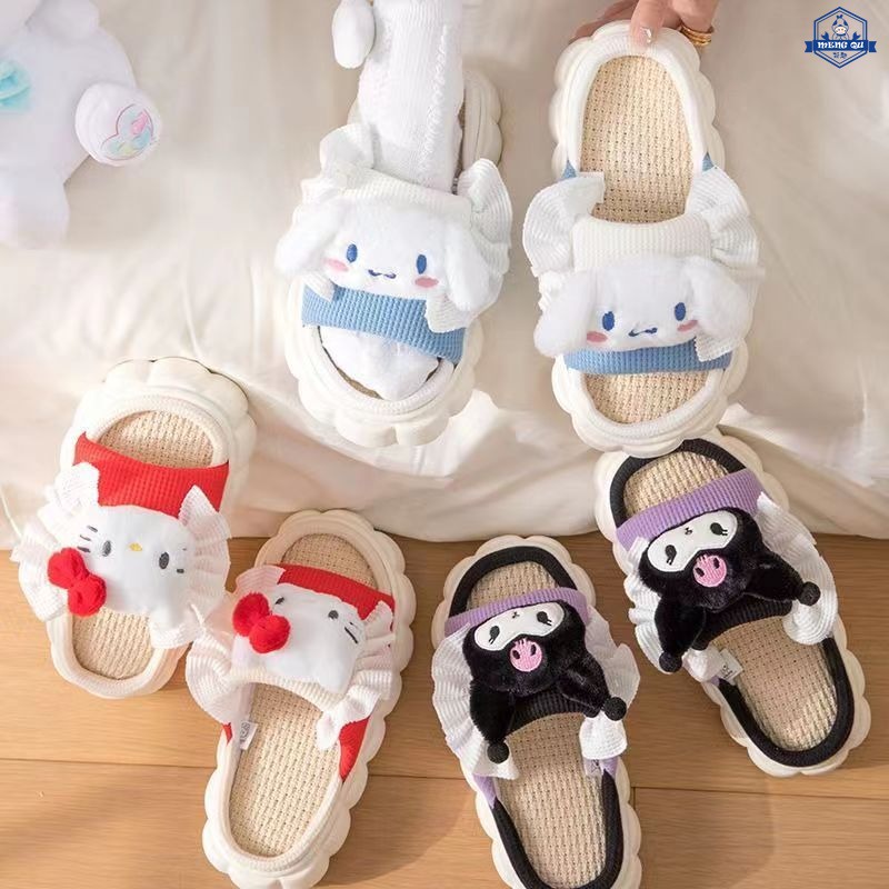 SANRIO รองเท้าแตะ ผ้าฝ้าย และผ้าลินิน พื้นหนา ป้องกันการลื่น พิมพ์ลาย Cinnamoroll Kuromi Hello Kitty เหมาะกับใส่ในบ้าน และหอพัก สําหรับผู้หญิง