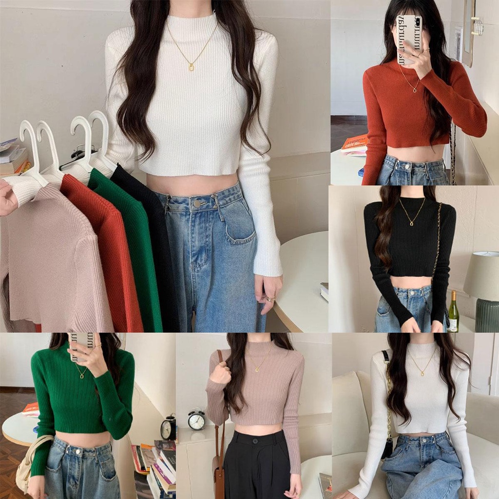cuties 28119 เสื้อไหมพรมคอกลม เสื้อครอปคอกลมแขนยาว ผ้านิ่มสีพื้น ทรงรัดรูป