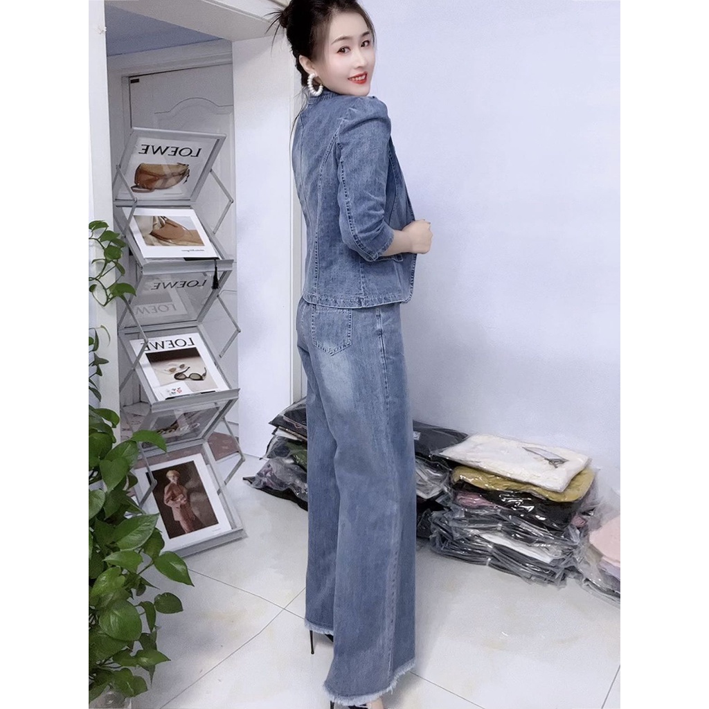 Getadme-Early Spring Outfit Paired A With Complete Of Slimming Goods, Fashionable Street Denim Wide Leg Pants, Two-piece Set For
