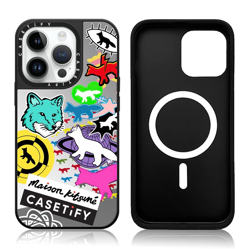 Casetify X Maison Kitsuné เคสโทรศัพท์มือถือแบบกระจกแข็ง แม่เหล็ก ลายโลโก้แกะสลัก สีดํา สีเงิน สําหรับ IPhone 15 14 13 12 Pro Max