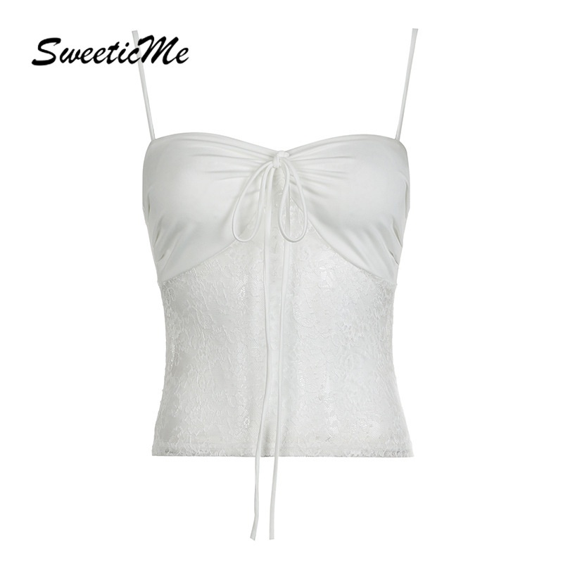 Sweeticme เสื้อกล้าม เข้ารูป แต่งลูกไม้ สีพื้น เซ็กซี่ แฟชั่นใหม่ สําหรับผู้หญิง 2024