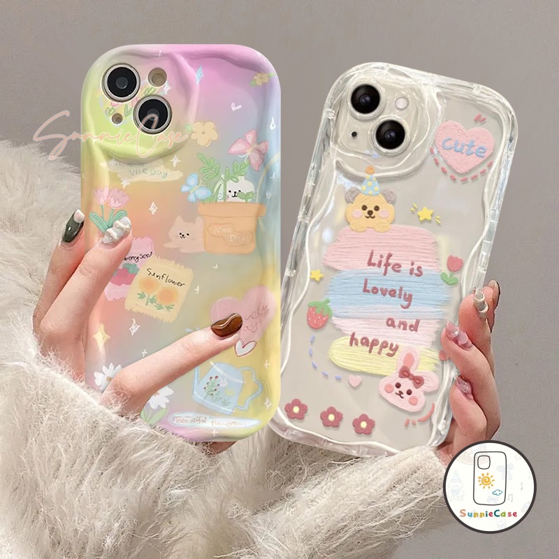 Ins การ์ตูนภาพประกอบน่ารักกระต่ายหมีดอกไม้กรณีโทรศัพท์นุ่มเข้ากันได้ iPhone 11 13 15 12 14 Pro Max 8 7 Plus XR X XS Max