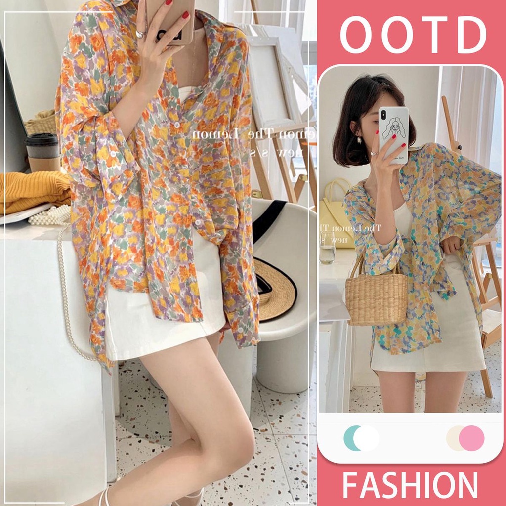 MIMI&DIDI เสื้อเชิ้ตแขนยาว คอวี แฟชั่น เสื้อเชิ้ตชีฟองกันแดดลายดอกไม้ชายหาดฮาวายสำหรับผู้หญิง น่ารัก ผอม สวมใส่สบาย#W303