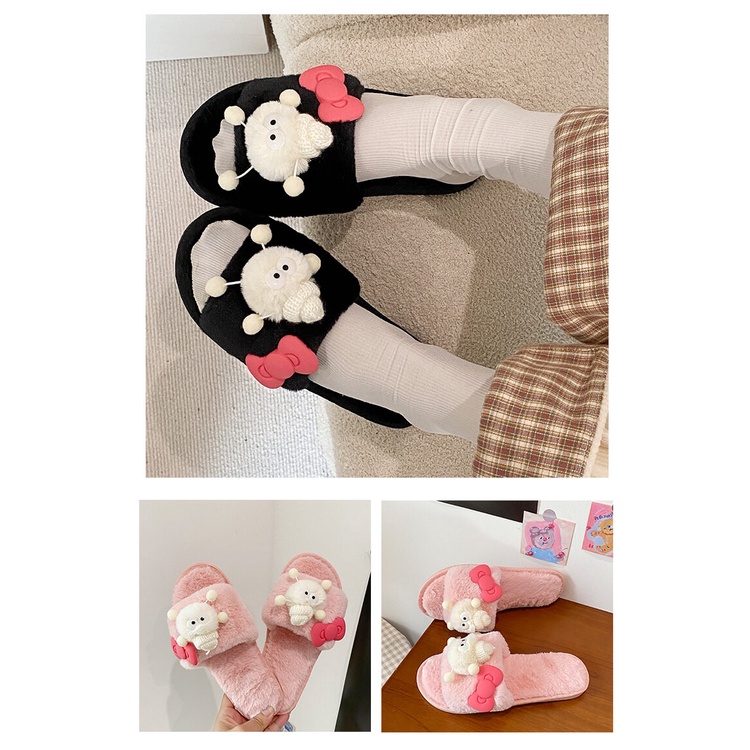 🎀สินค้าใหม่🎀(SH-1-23) รองเท้าสลิปเปอร์ รองเท้าแตะใส่ในบ้าน ผ้าขนนุ่มใส่สบาย แต่งตุ๊กตาโบว์ชมพูน่าร