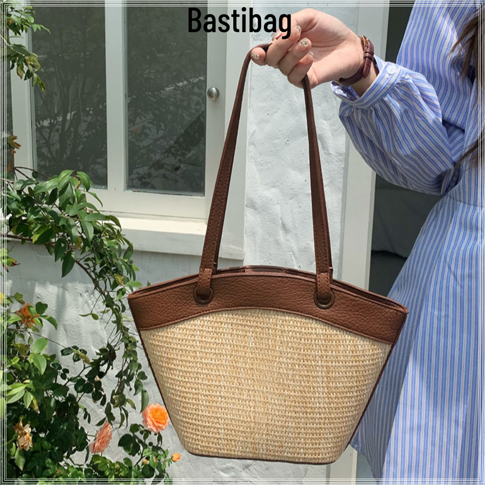 Bastibag กระเป๋าถือสานฟาง, กระเป๋าถือแฟชั่นเรียบง่ายแบบลําลองสานฟาง, กระเป๋าโท้ทอเนกประสงค์