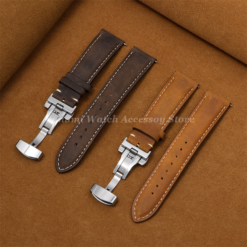 Retro Cowhide Quick Release สายนาฬิกา 14 มม.16 มม.18 มม.20 มม.22 มม.24 มม.หนังแท้หัวเข็มขัดผีเสื้อ Watchband ผู้ชายผู้หญิงธุรกิจสร้อยข้อมือเข็มขัด