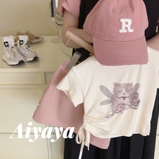 Aiyaya ชุดเซ็ทเด็กผู้หญิง ลายแมว เสื้อขาว+กระโปรงชมพู แฟชั่นฤดูร้อน ชุด2ชิ้น เหมาะสำหรับสาวๆ （806）