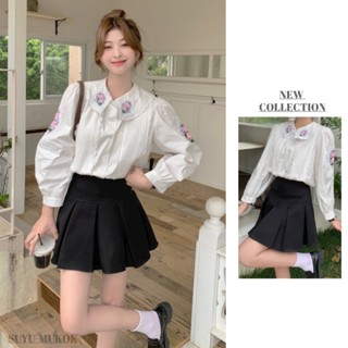 เสื้อโปโล แขนพอง ปักลายดอกไม้ ทรงหลวม แฟชั่นฤดูใบไม้ร่วง สํา…