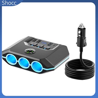 Shocc อะแดปเตอร์ที่จุดบุหรี่ 3 ซ็อกเก็ต 4 พอร์ตชาร์จ USB พร้อมจอแสดงผลแรงดันไฟฟ้า