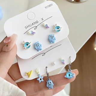 Cute Silver Needle Blue Small Monster Ear Stud Set for Girls New Cartoon Childlike Fun Girls Asymmetric and Exquisite Cat Eye Stone Earrings