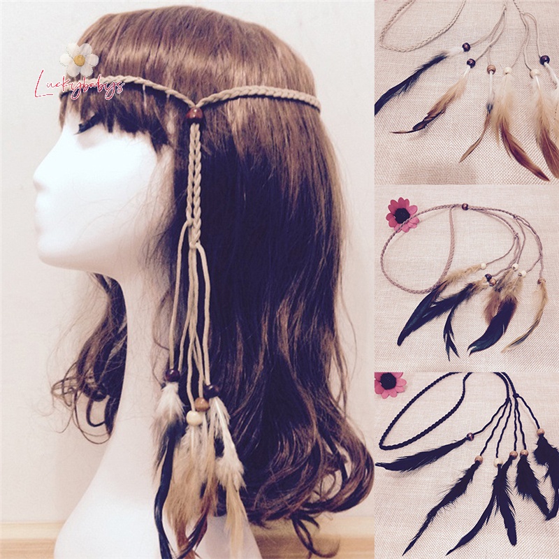 Luckybabys> 2017 Hippie Indian Handmade Weave Feathers Hair Rope Headdress ใหม่