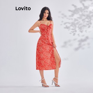 Lovito Boho Ditsy ชุดเดรสลูกไม้ ลายดอกไม้ ผ่าต้นขา สําหรับผู้หญิง LBE03144 (สีแดง)