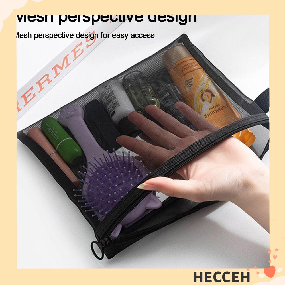 Hecceh กระเป๋าเครื่องสําอาง แบบตาข่ายใส มีซิป สีดํา สําหรับเดินทาง