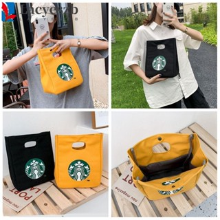 Lacyeszb กระเป๋าถือ ผ้าแคนวาส ลาย Starbucks สไตล์เกาหลี เรียบง่าย สําหรับใส่กล่องอาหารกลางวัน เดินทาง