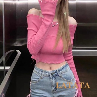 Latata เสื้อกันหนาวแขนยาว เปิดไหล่ ผ้าถัก โชว์สะดือ สีพื้น สําหรับผู้หญิง