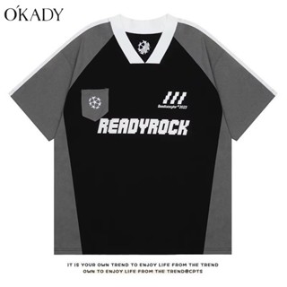 OKADY เสื้อยืดแขนสั้น คอวี ผ้าฝ้ายแท้ พลัสไซซ์ สีคอนทราสต์