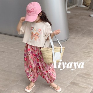 Aiyaya เสื้อผ้าเด็กผู้หญิง ชุดสองชิ้นลายการ์ตูน เด็กหญิงชุดสูท y2k ชุดกางเกง แฟชั่นฤดูร้อน สไตล์เกาหลี (845)