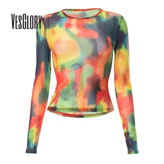 Vesglory เสื้อครอปท็อปแขนยาว คอกลม พิมพ์ลาย สีตัดกัน แฟชั่นสําหรับสตรี 2023