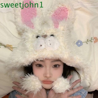 Sweetjohn หมวกบีนนี่ แต่งหูกระต่ายน่ารัก ให้ความอบอุ่น แฟชั่นฤดูหนาว สําหรับขี่จักรยาน