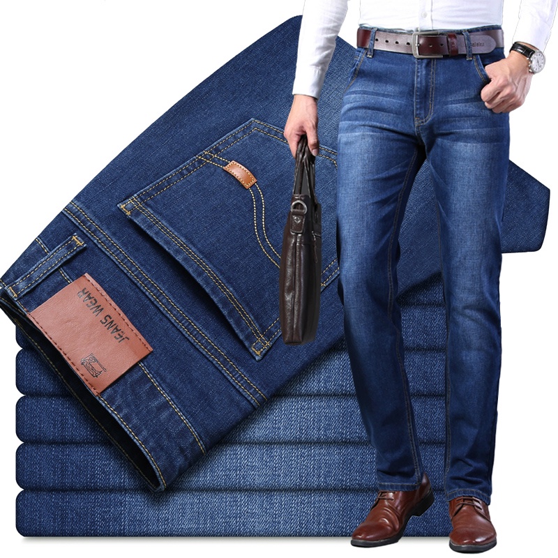Men Jeans Classic Mid-Rise Straight Denim Jeans กางเกงขายาวกางเกงสบายหลวม Menswear Jeans