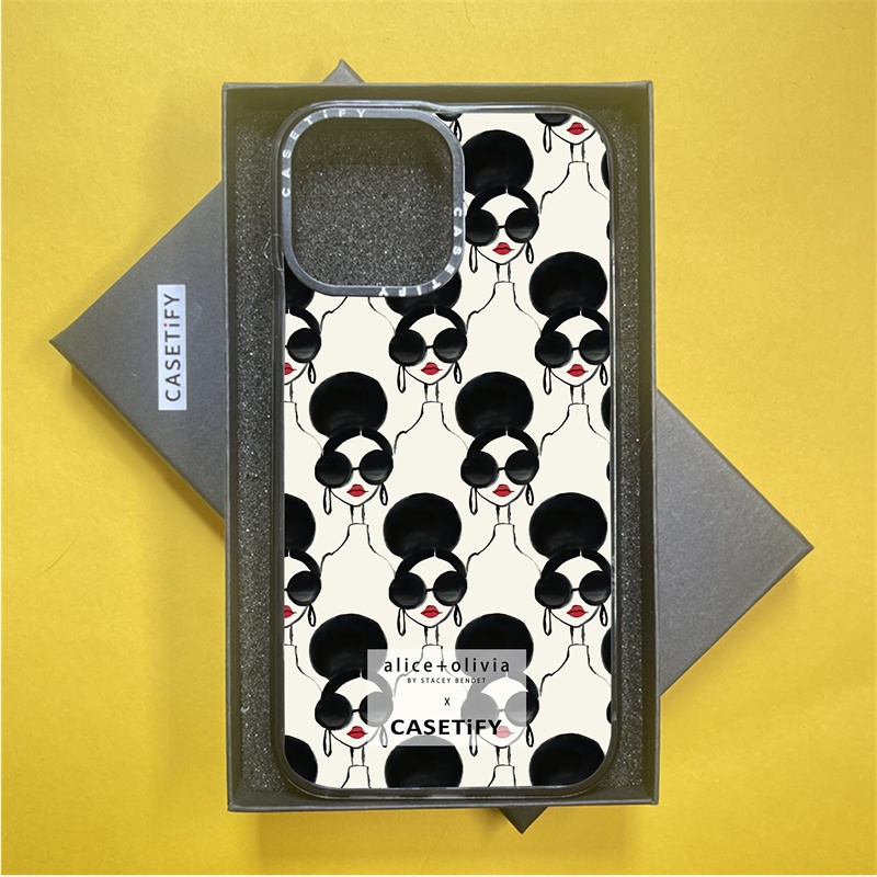 Casetify X alice + olivia Stace Face เคสแม่เหล็ก ขอบดํา ใส แถบด้านข้าง ด้านหน้า เคส Apple IPhone 11 12 13 14 15 Pro Max กระแทก แข็ง ใส อะคริลิค ด้านหลัง TPU เคสพร้อมกล่อง