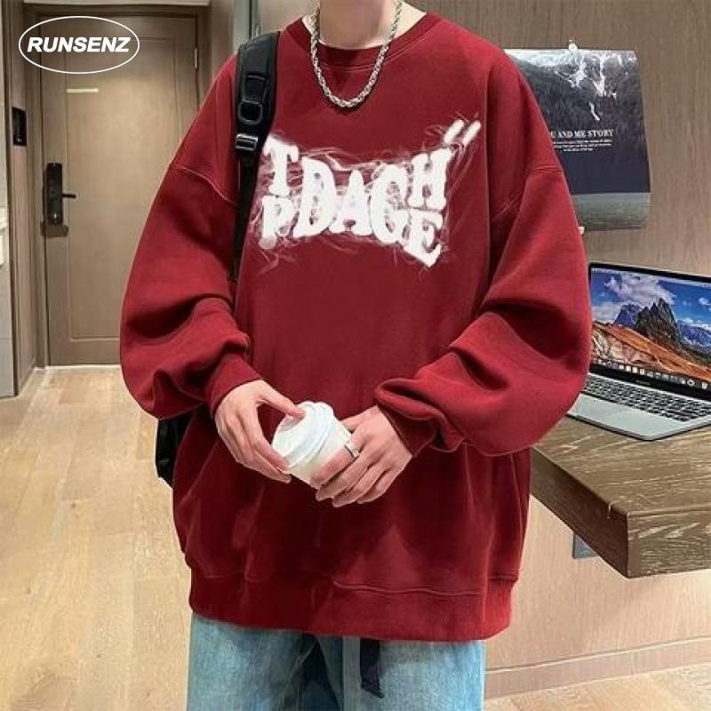 เสื้อกันหนาวแขนยาวลําลอง คอกลม ทรงหลวม ขนาดใหญ่ สีแดง แฟชั่นสําหรับผู้ชาย ไซซ์ M - 8XL