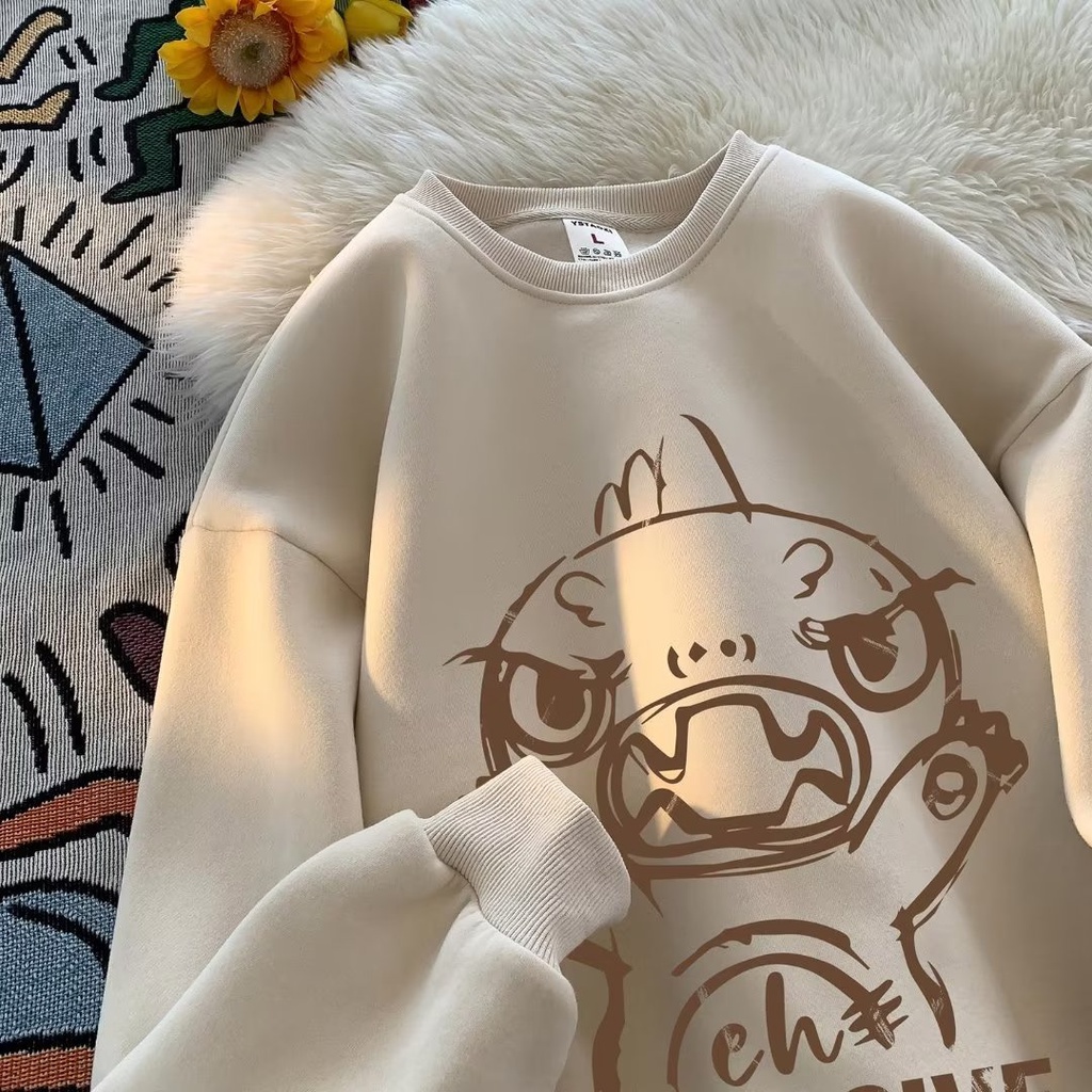 เสื้อกันหนาวแขนยาวลําลอง ผ้าฝ้าย พิมพ์ลายการ์ตูนไดโนเสาร์ ทรงหลวม สไตล์อเมริกัน เรโทร แฟชั่นคู่รัก ส