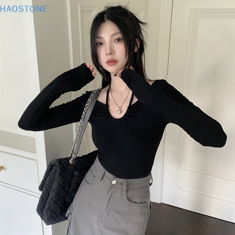 [HSNE] เสื้อครอปท็อปแขนยาว คอวี เข้ารูป สีพื้น แฟชั่นฤดูใบไม้ร่วง สําหรับผู้หญิง