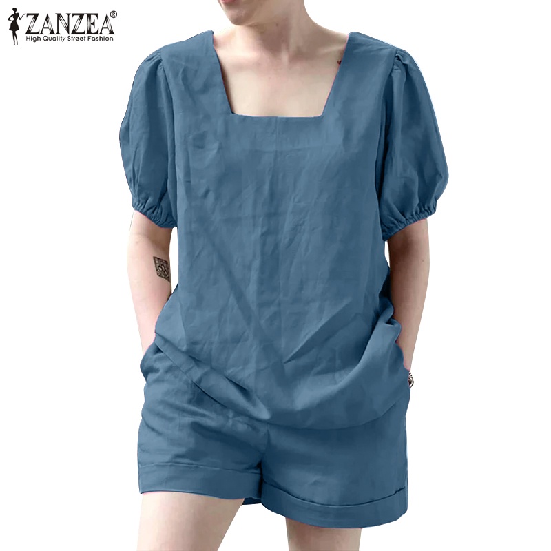 Zanzea ชุดเสื้อแขนสั้น คอสี่เหลี่ยม แขนพัฟ เอวยางยืด สีพื้น สไตล์เกาหลี สําหรับผู้หญิง