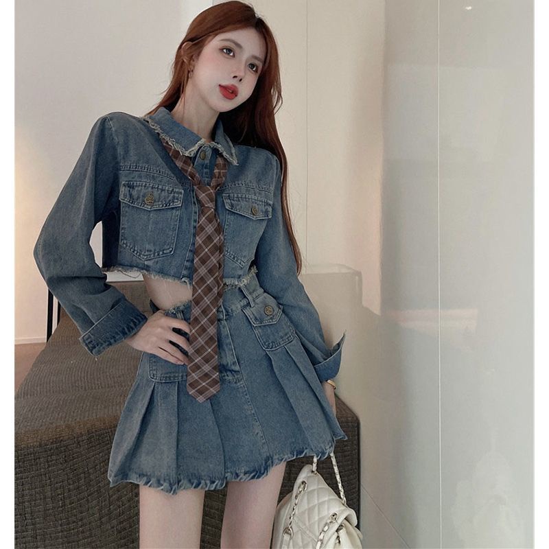 หน้าอก Slimmer ดูชุดสตรีสไตล์ใหม่ 2024 เอวสูงสั้น Frayed แจ็คเก็ตสาวร้อน Denim ปกชุด OWZJ