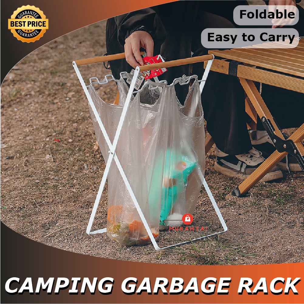 แบบพกพา Camping Rubbish Organizer Bin Stand กรอบเหล็กไม้ Disposal