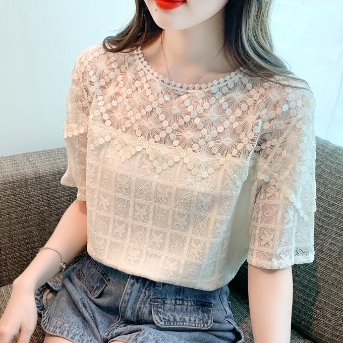 เสื้อคอกลม ผ้าลูกไม้โครเชต์ ฉลุลาย เข้ากับทุกการแต่งกาย แฟชั่นฤดูใบไม้ผลิ สําหรับผู้หญิง