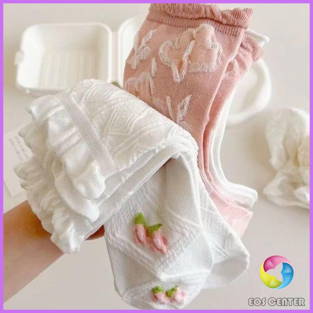 EC. ถุงเท้าลายดอกไม้  แฟชั่นโลลิต้า  วัสดุผ้าฝ้ายโพลีเอสเตอร์ สไตล์ญี่ปุ่น  Women socks - รูปที่ 6