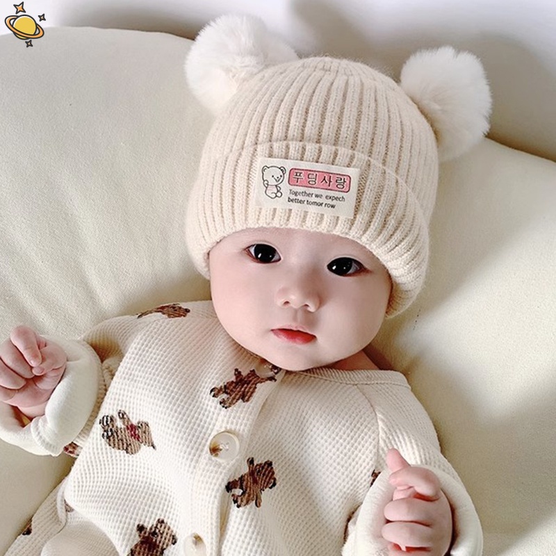 หมวกบีนนี่ ผ้าวูลถัก ประดับปอมปอม สีพื้น ให้ความอบอุ่น แฟชั่นฤดูหนาว สําหรับเด็กทารกแรกเกิด