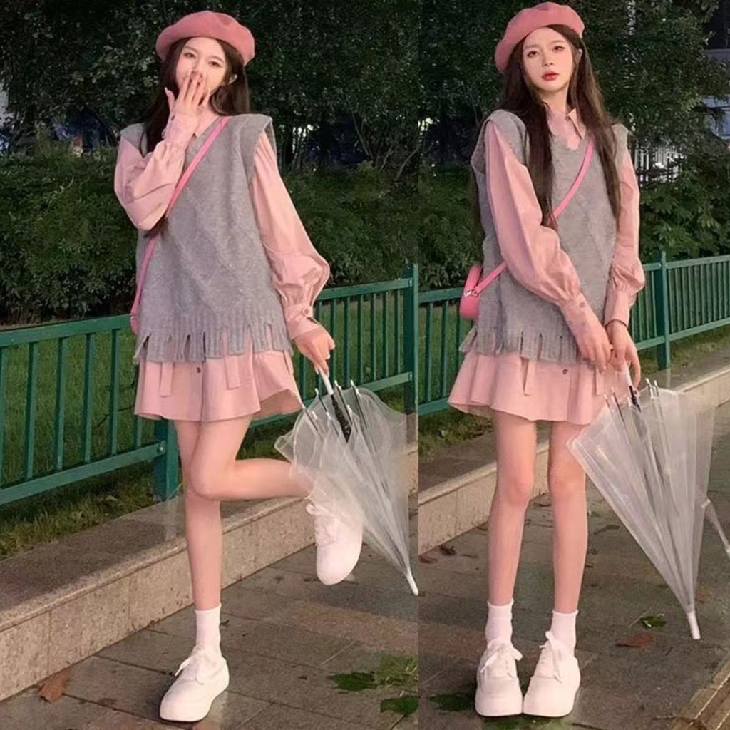 เสื้อกั๊ก ผ้าถัก สีชมพู สไตล์วินเทจ แฟชั่นฤดูใบไม้ร่วง สําหรับนักเรียนหญิง