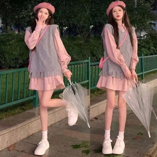 เสื้อกั๊ก ผ้าถัก สีชมพู สไตล์วินเทจ แฟชั่นฤดูใบไม้ร่วง สําหร…