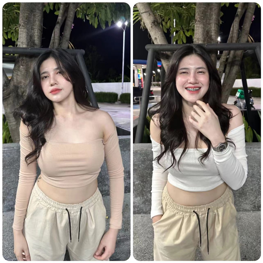 เสื้อครอปแขนยาวผู้หญิงเอวลอย สไตล์เกาหลี