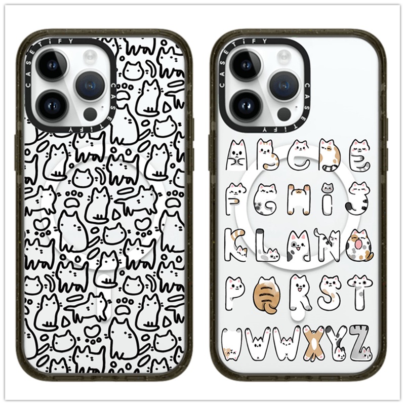 Casetifg เคสโทรศัพท์มือถือซิลิโคน PC แข็ง แบบใส กันกระแทก ลายแมวน่ารัก พร้อมกล่องชาร์จแม่เหล็ก สําหรับ iPhone 15 14 11 12 13 Pro Max