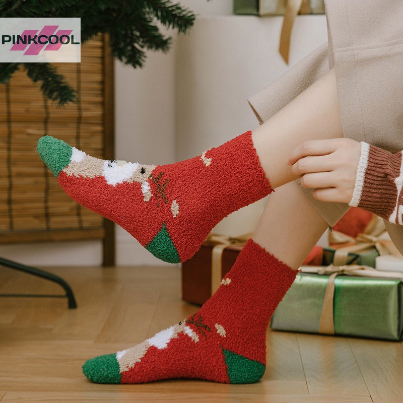 Pinkcool ใหม่ ถุงเท้า ผ้าฟลีซ แบบหนา กันลื่น ลายการ์ตูนกวาง คริสต์มาส สําหรับผู้หญิง ขายดี