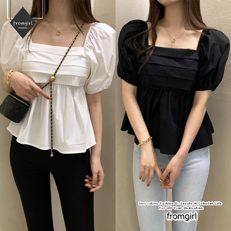 เสื้อท็อปแขนสั้น เปิดไหล่ แขนพอง สไตล์เกาหลี สําหรับผู้หญิง