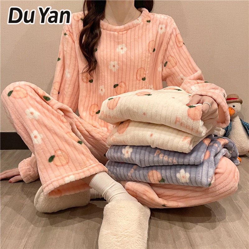 Du Yan ชุดนอนผ้าสักหลาด แขนยาว ผ้ากํามะหยี่ ลายปะการังน่ารัก สําหรับผู้หญิง