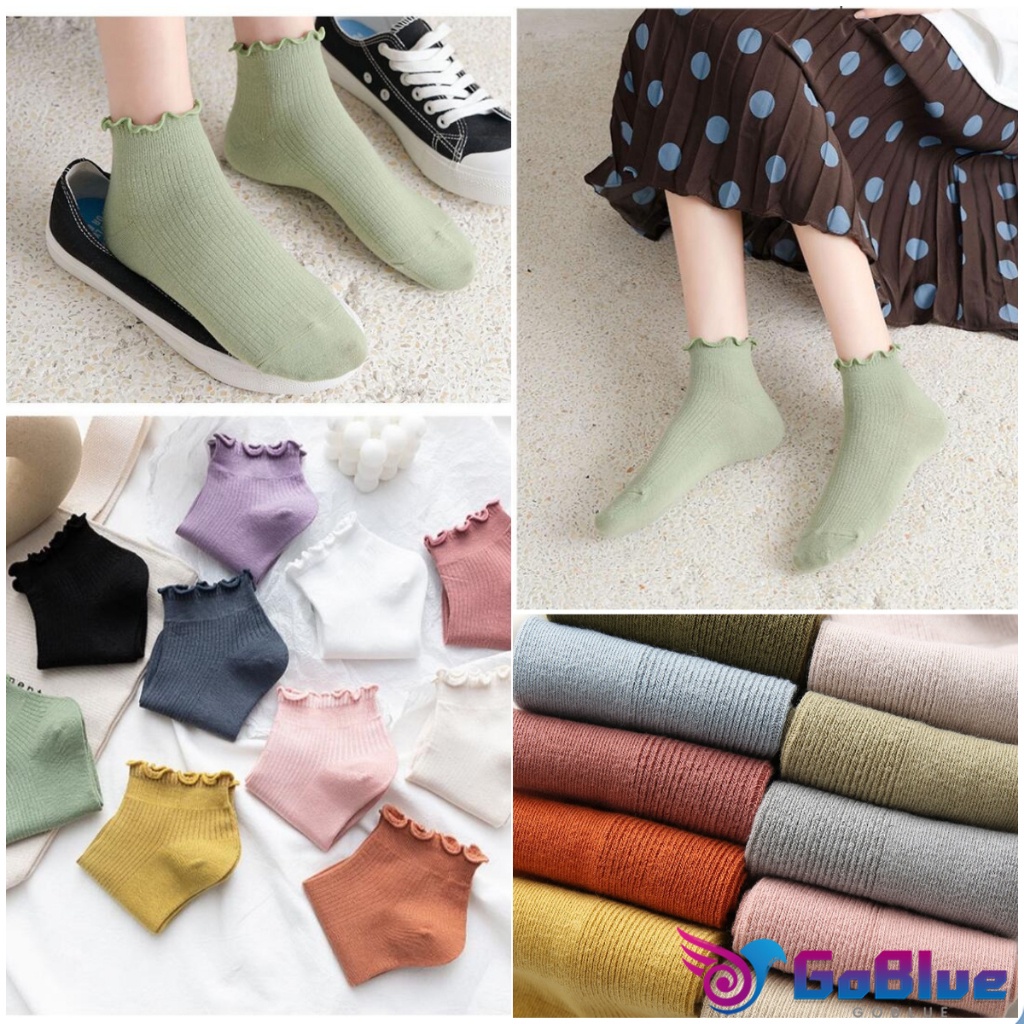 GoBlue ถุงเท้าข้อจีบ สีพาสเทล  สไตล์ญี่ปุ่น  สำหรับผู้หญิง Women socks ราคา ถูกที่สุด ดีลบีเคเค แกลเลอรีภาพที่ 7